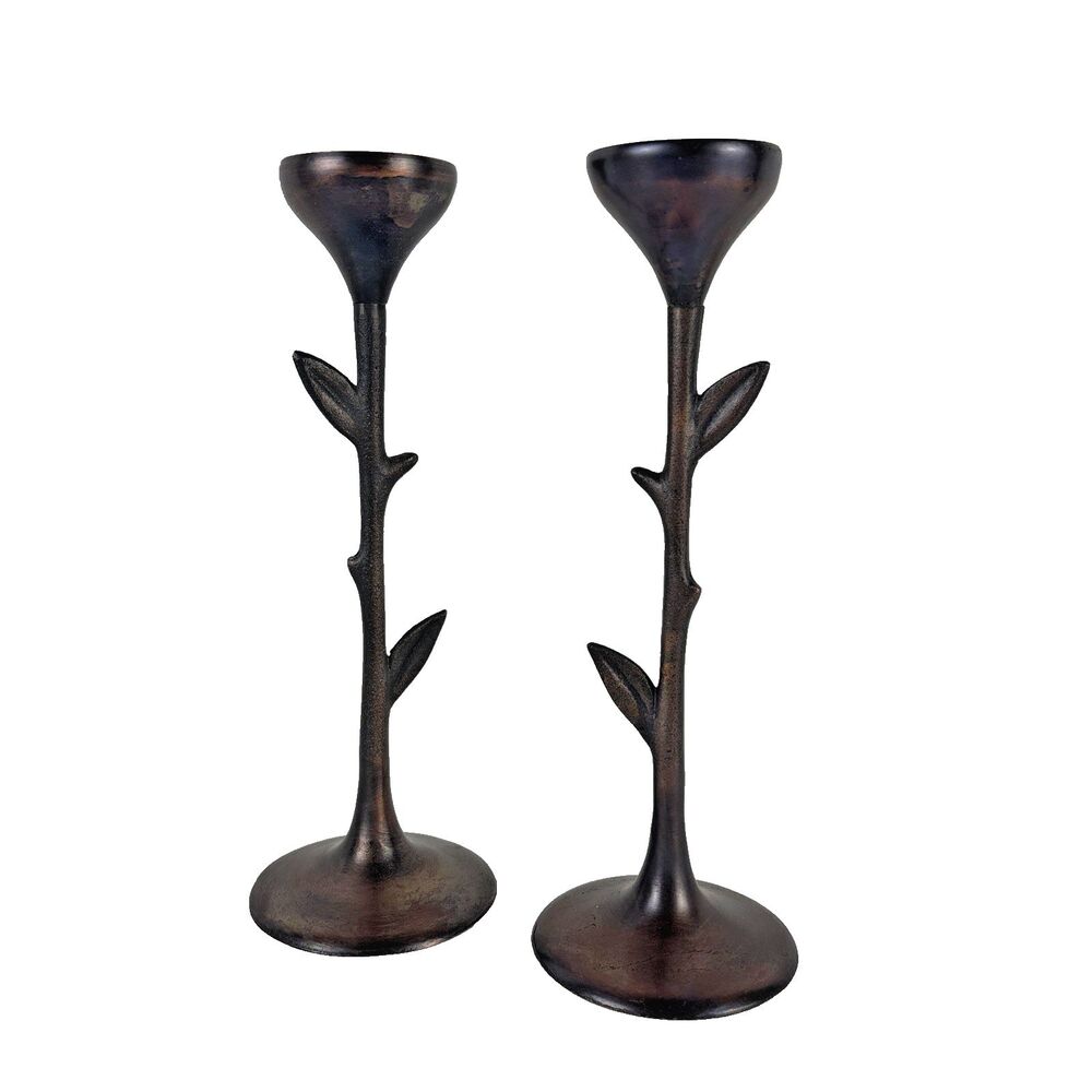 Tag Candlestick Holders Leaf Leaves Copper 10" Tall Set of 2